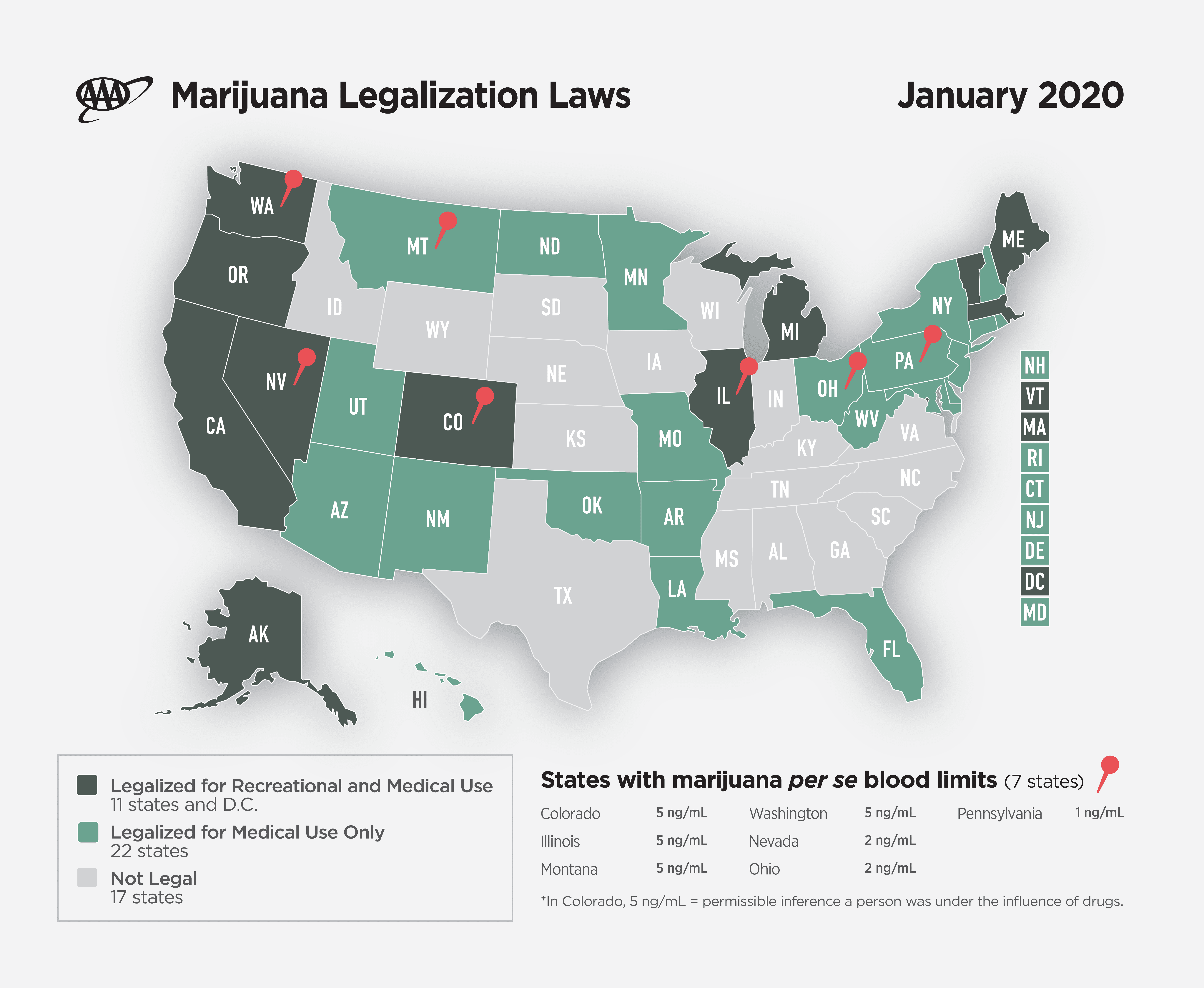AAA Cannabis Study 2020 Map: Drivers using marijuana