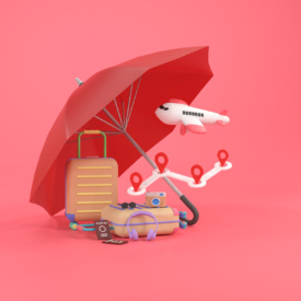 3D. Travel insurance business concept. Red umbrella cover airplane and suitcases.